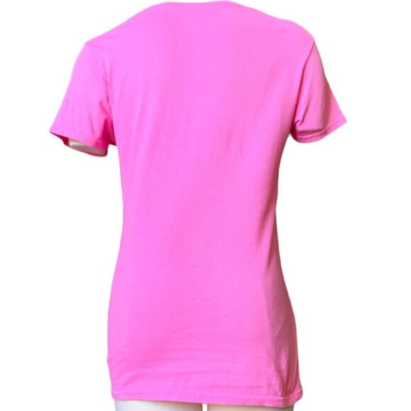 Gildan Cotton Pink V-Neck Short Sleeve Novelty T-shirt "cat-holic" S M #77A - Picture 4 of 9